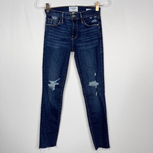 Frame Womens 24 Le Skinny de Jeanne Jeans Distressed Ripped Fray Hem Wriley Wash - Picture 1 of 13